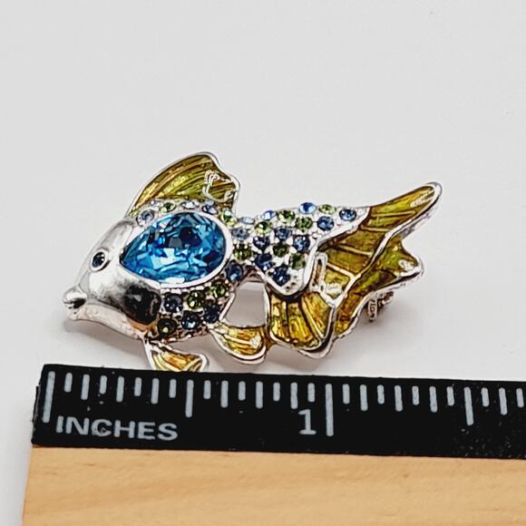 Vintage Monet Fish Brooch Blue Rhinestones Enamel Gold Fins Pin 1 1/2 Inch - Picture 6 of 9